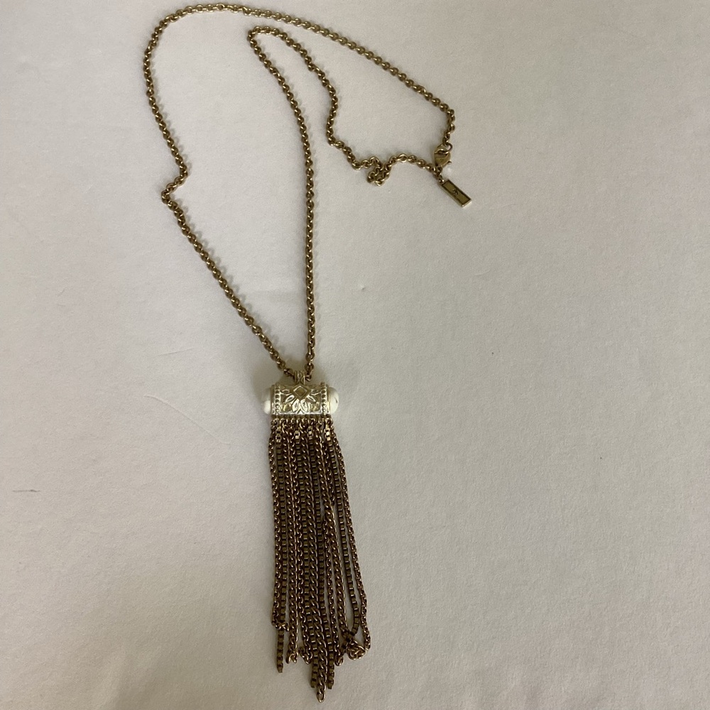 Silpada Long Chain Tassel Pendant Necklace Whitewashed Brass Fringe Howlite